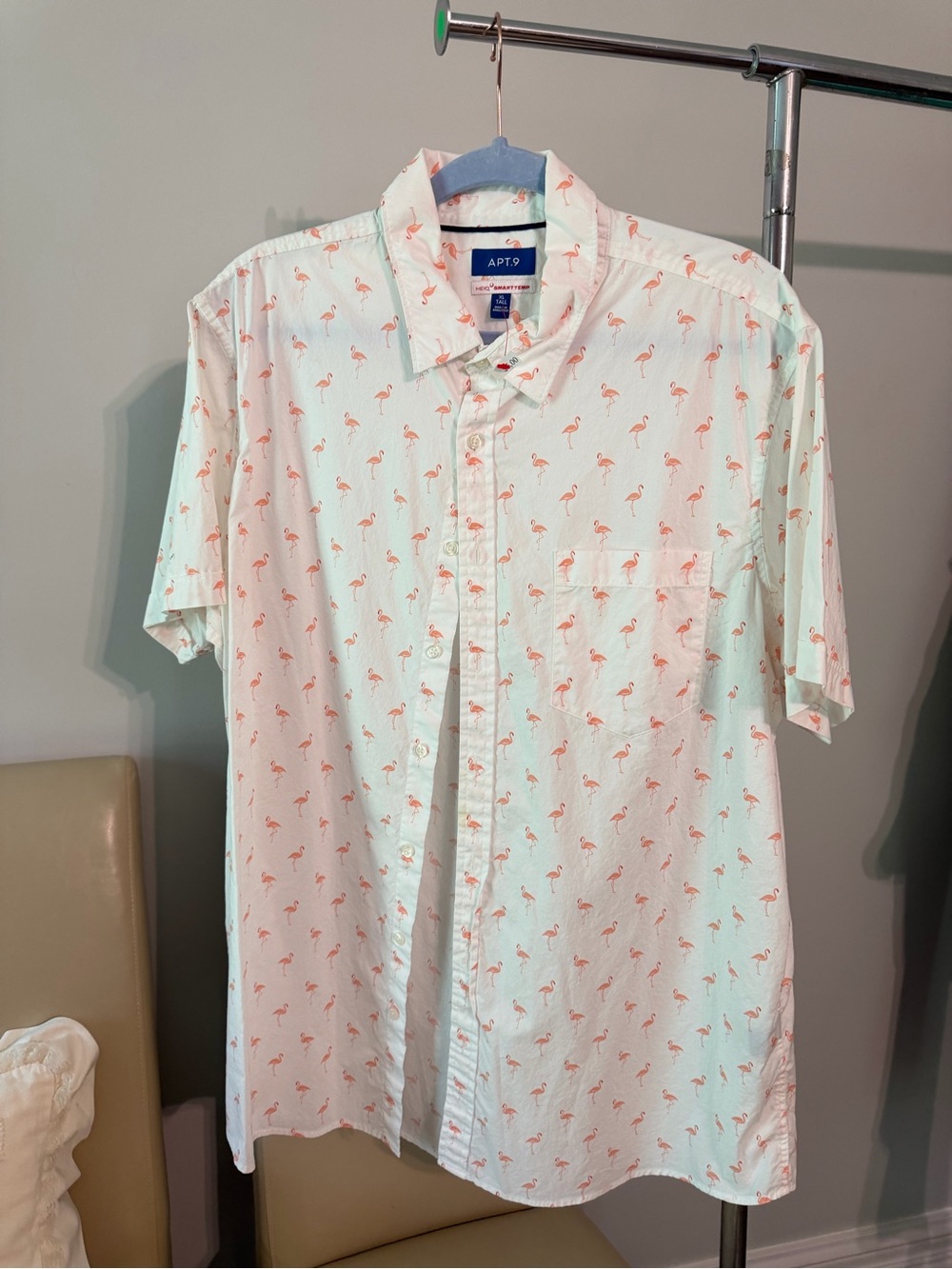 Apt. 9 White Short-Sleeve Button-Down Shirt with Pink Flamingo Print